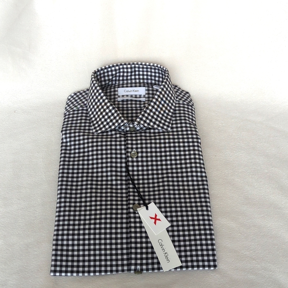 CALVIN KLEIN |  Men’s Extreme Slim Fit Dress Shirt, Black White Gingham Stretch